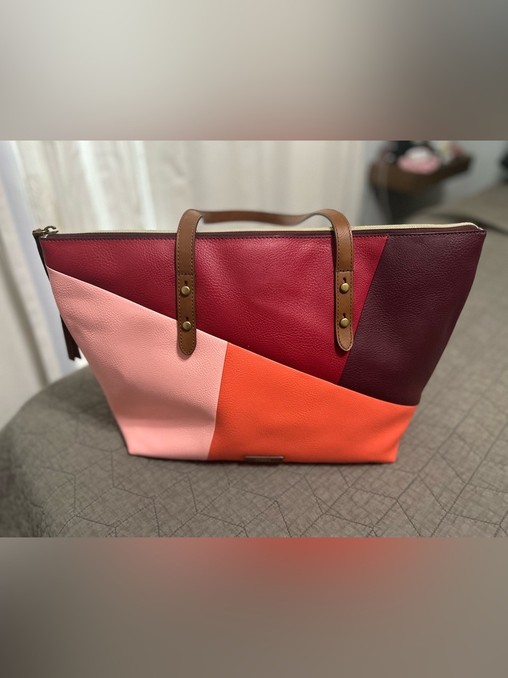 Fossil Jayda Leather Red Multi Color Shoulder Bag Handbag Purse Patchwork